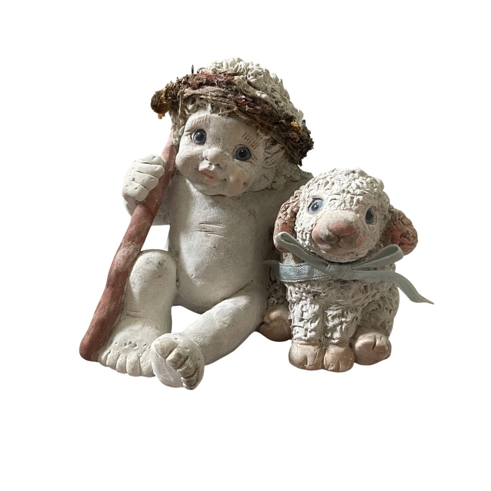 Vintage Little Shepherd Angel Figurine with Lamb Resin Christmas Decor 1996‎
